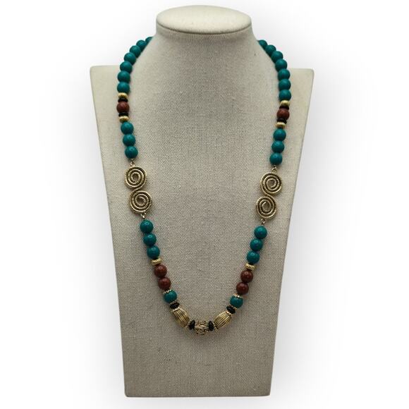 1928 Jewelry Turquoise Blue & Brown Beaded Necklace Gold Spiral Accents - Picture 1 of 7